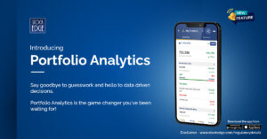 A mobile phone displaying the stockedge portfolio analytics app, showing a portfolio summary with total value, gainer and loser stocks, and a call to download the app.