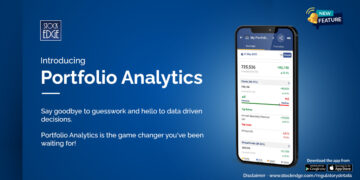 A mobile phone displaying the stockedge portfolio analytics app, showing a portfolio summary with total value, gainer and loser stocks, and a call to download the app.