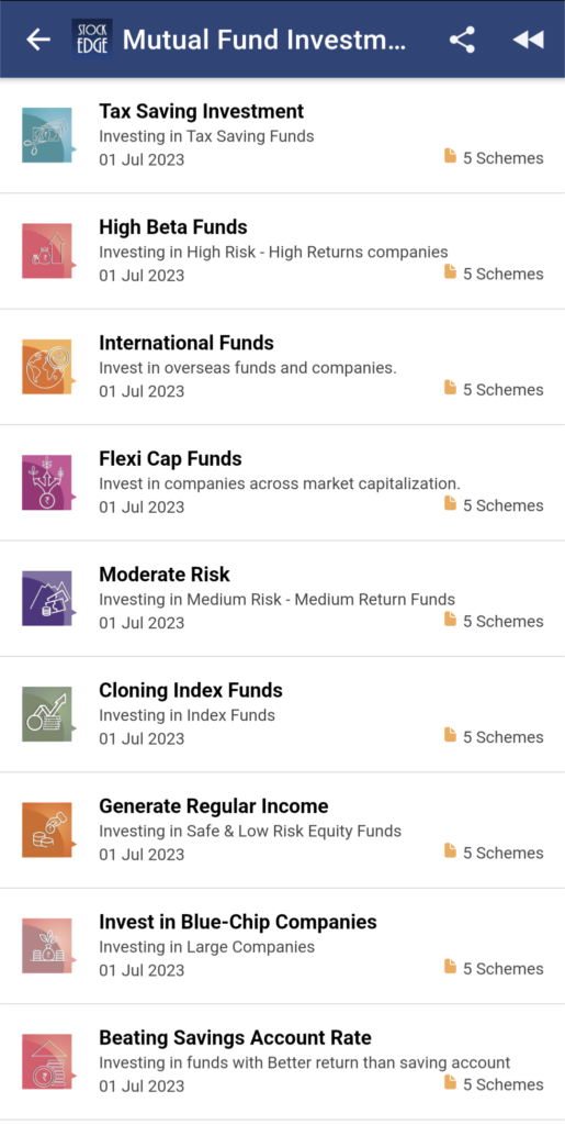 A screenshot of stockedge app showing different investment options with titles, descriptions, and number of schemes.