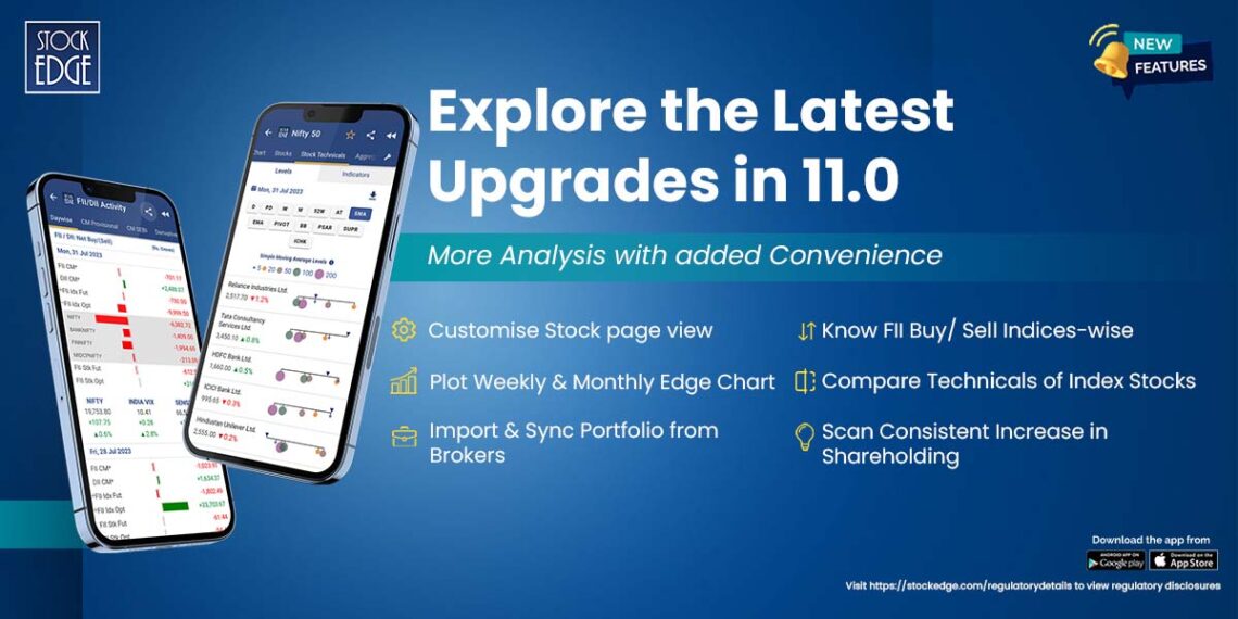 A blue poster advertising the new features of the stockedge app. The poster shows two smartphones, one displaying a stock chart and the other displaying the stockedge app's home screen. The text on the poster says 