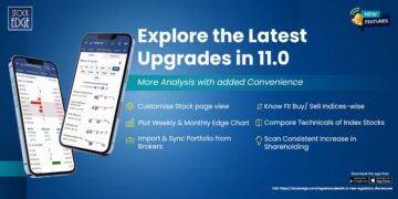 A blue poster advertising the new features of the stockedge app. The poster shows two smartphones, one displaying a stock chart and the other displaying the stockedge app's home screen. The text on the poster says "stockedge version 11. 0- introducing exciting new features" and "explore the latest upgrades in 11. 0".