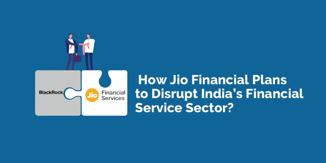 A graphic showing two people standing on a puzzle piece labeled 'how jio financial plans to disrupt india's financial service sector? '