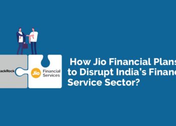 A graphic showing two people standing on a puzzle piece labeled 'how jio financial plans to disrupt india's financial service sector? '