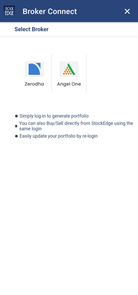 A screenshot of the broker connect feature in the stockedge app, showing the login options for zerodha and angel one. The text below the logos explains how to generate and update the portfolio and buy or sell stocks using the same login.