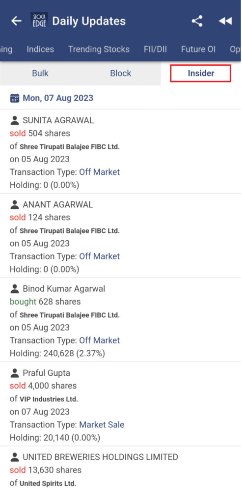 A list of stock transactions in a mobile app, showing the date, name, transaction type, and number of shares for each transaction.