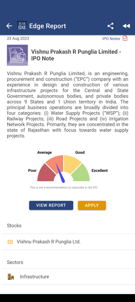 A mobile phone showing an ipo note for vishnu prakash r punglia limited, an engineering, procurement and construction company, with a pie chart and a list of sectors.