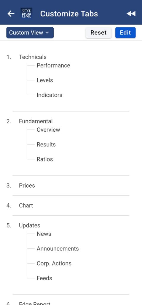 A screenshot of a customizable tab list in a financial app stockedge with various options related to financial data and analysis.