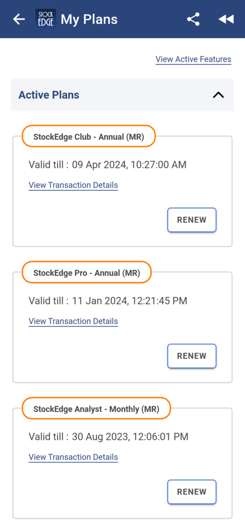 A section of the stockedge app showing three subscription plans and their expiry dates, with a renew button for each plan.
