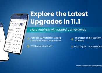 A promotional graphic for stock edge’s new features in their 11. 1 upgrade. Two mobile phones are displayed side by side on the left, showing the app’s interface with various stock analysis tools. The background is a gradient of dark to light blue.