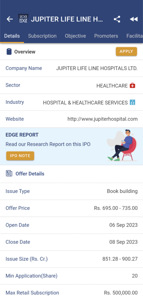 A screenshot of the StockEdge mobile application page showing the company name, website, industry, and offer details of Jupiter Life Line Hospitals Ltd. IPO