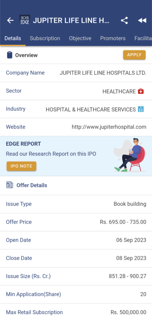 A screenshot of the stockedge mobile application page showing the company name, website, industry, and offer details of jupiter life line hospitals ltd. Ipo