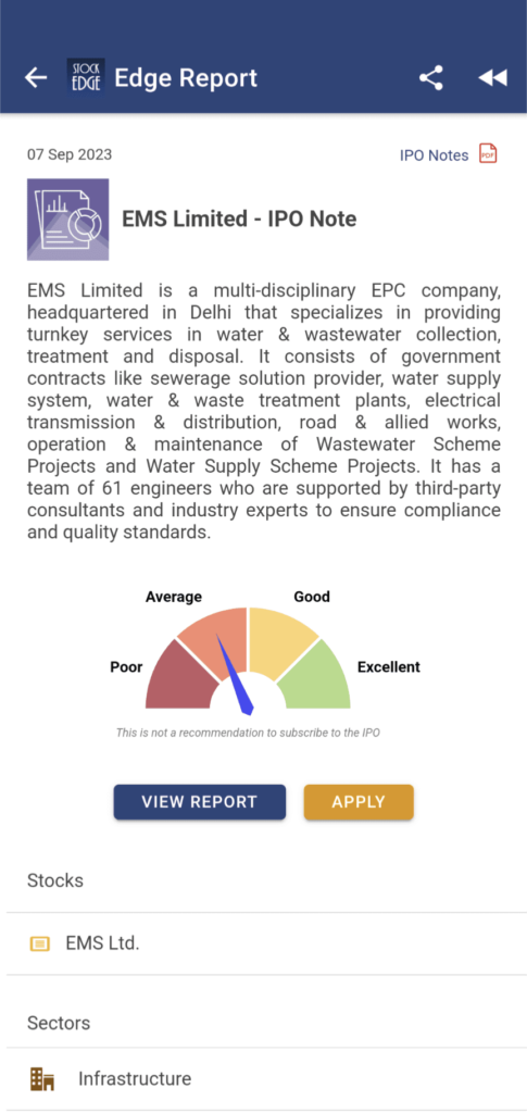 A screenshot from stockedge application showing the edge report for the ipo of ems limited.