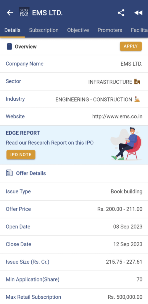 A screenshot of the EMS LTD. IPO details from StockEdge App The page shows the company’s name, website, research report link, offer date, price, size, and maximum application amount