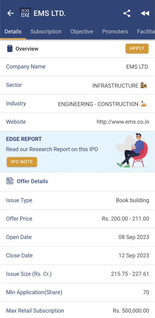 A screenshot of the ems ltd. Ipo details from stockedge app the page shows the company’s name, website, research report link, offer date, price, size, and maximum application amount