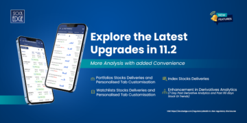 Two smartphones displaying the latest upgrades in the stock edge app version 11. 2 in a blue background.