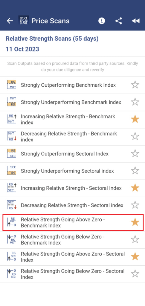 Scans based on relative strength of a stock by StockEdge