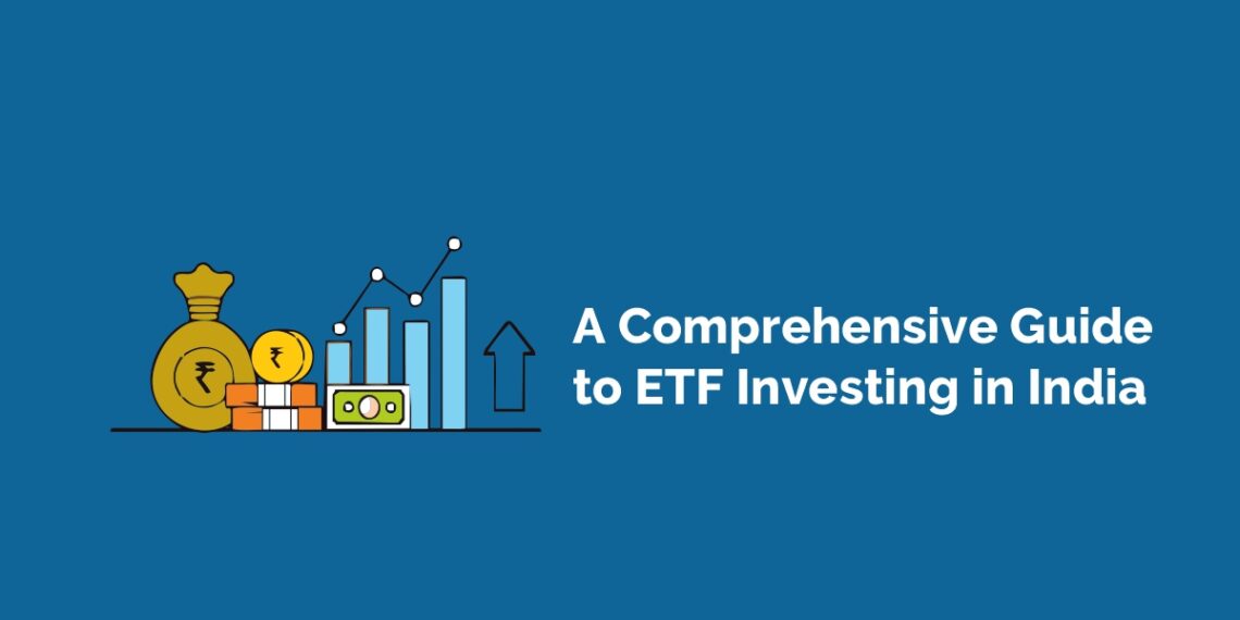 An illustration of a bag of money, a bar graph, and a stack of coins with the text ‘a comprehensive guide to etf investing in india’ on a blue background.