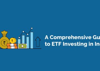 An illustration of a bag of money, a bar graph, and a stack of coins with the text ‘a comprehensive guide to etf investing in india’ on a blue background.