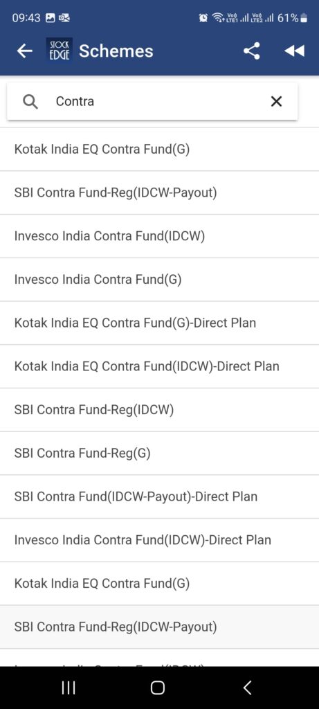 A screenshot of the StockEdge App showing the list of contra funds in India
