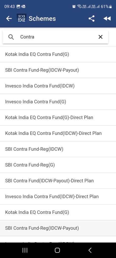 A screenshot of the stockedge app showing the list of contra funds in india