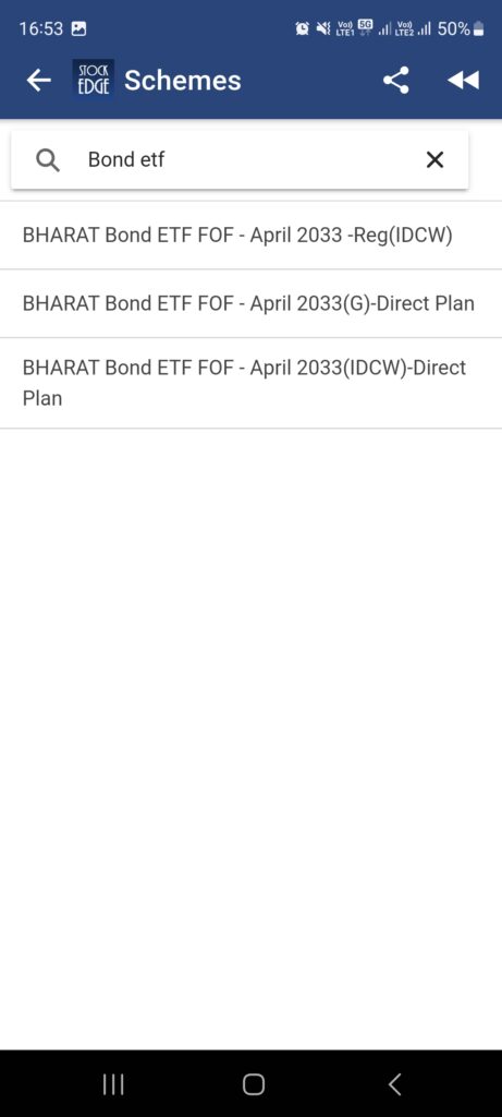 A screenshot from stockedge app of the list of some of the bond etfs