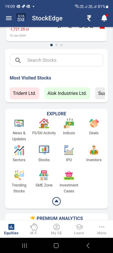 A screenshot of the stockedge app homepage showing the array of information available in the app