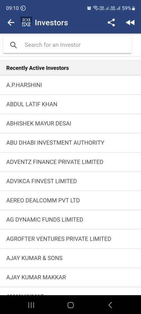 A screenshot of stockedge app showing the list of investor portfolios available on the app