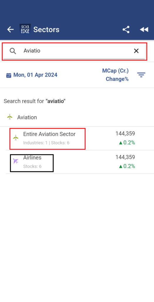 Aviation sector and its industries in stockedge app
