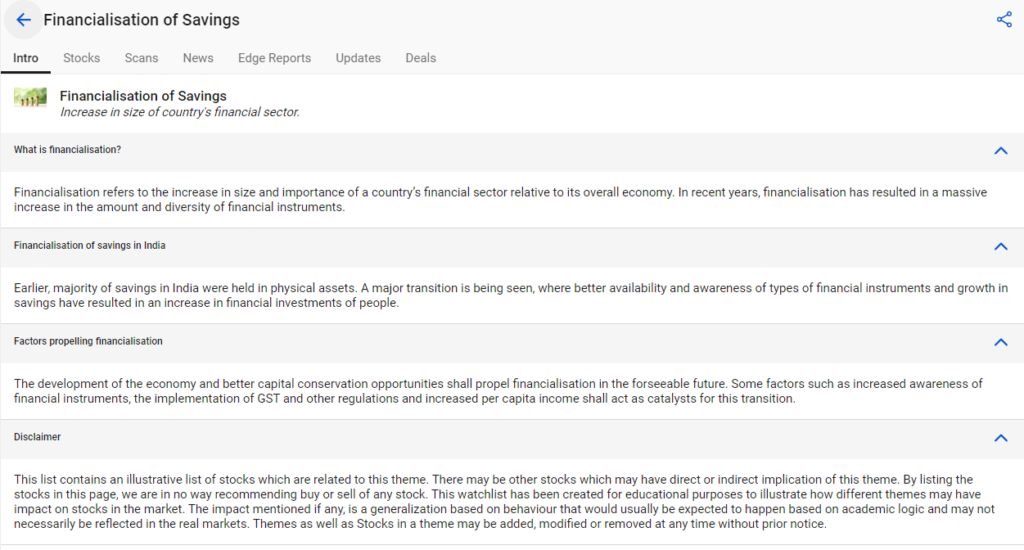 Finance stocks investment theme in stockedge