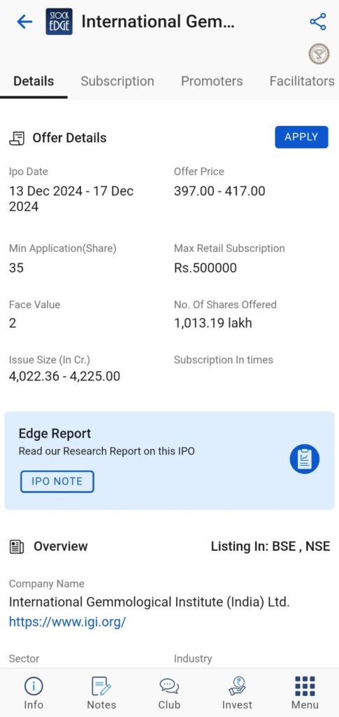 Check out the igi ipo details