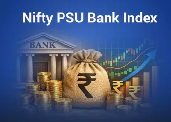 Graphic titled "nifty psu bank index" featuring a government bank building illustration alongside a money bag with a rupee symbol, gold coin stacks, and a rising growth chart on a blue background.