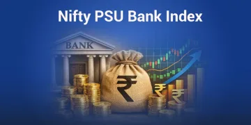 Graphic titled "nifty psu bank index" featuring a government bank building illustration alongside a money bag with a rupee symbol, gold coin stacks, and a rising growth chart on a blue background.