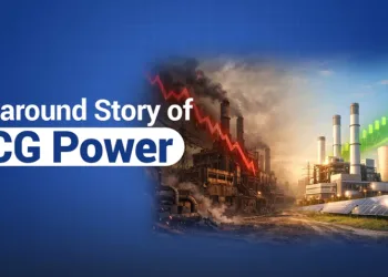 Graphic titled "turnaround story of cg power" featuring the company logo alongside industrial power plants, solar panels, and a rising green growth arrow.