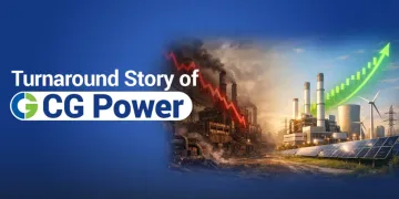 Graphic titled "turnaround story of cg power" featuring the company logo alongside industrial power plants, solar panels, and a rising green growth arrow.