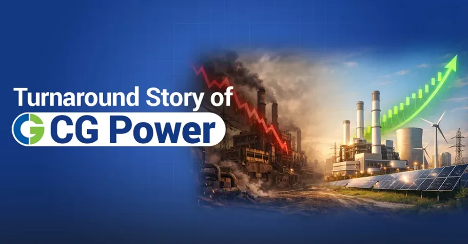Cg power’s comeback: how murugappa rebuilt the company 1 Graphic titled "turnaround story of cg power" featuring the company logo alongside industrial power plants, solar panels, and a rising green growth arrow.