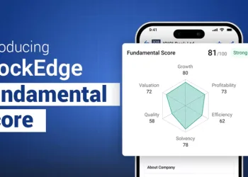 Graphic titled "introducing stockedge fundamental score" displaying the stockedge mobile app interface on a blue background, showcasing a spider chart rating fundamental metrics like growth, profitability, efficiency, solvency, quality, and valuation.