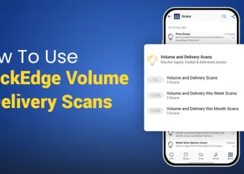 Graphic titled "how to use stockedge volume & delivery scans" showcasing the stockedge app screen with options like volume and delivery scans, volume and delivery this week scans, and volume and delivery this month scans.