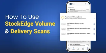Graphic titled "how to use stockedge volume & delivery scans" showcasing the stockedge app screen with options like volume and delivery scans, volume and delivery this week scans, and volume and delivery this month scans.