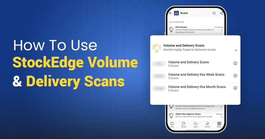 Graphic titled "how to use stockedge volume & delivery scans" showcasing the stockedge app screen with options like volume and delivery scans, volume and delivery this week scans, and volume and delivery this month scans.