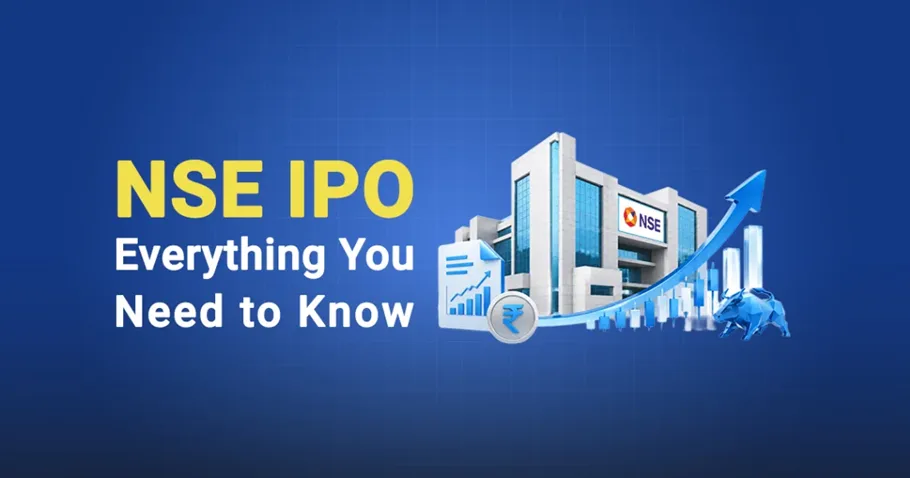 Graphic titled "nse ipo everything you need to know" featuring an illustration of the nse building, growth charts, a coin, and a bull against a blue background.