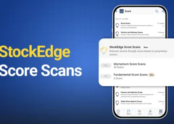 Graphic titled "stockedge score scans" displaying the stockedge mobile app interface on a blue background, showcasing features like momentum score scans and fundamental score scans.