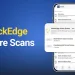Graphic titled "stockedge score scans" displaying the stockedge mobile app interface on a blue background, showcasing features like momentum score scans and fundamental score scans.