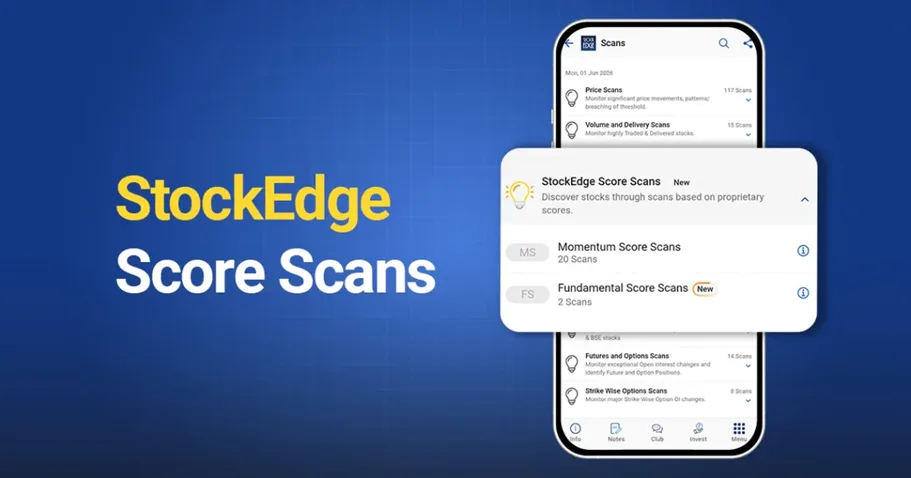 Graphic titled "stockedge score scans" displaying the stockedge mobile app interface on a blue background, showcasing features like momentum score scans and fundamental score scans.