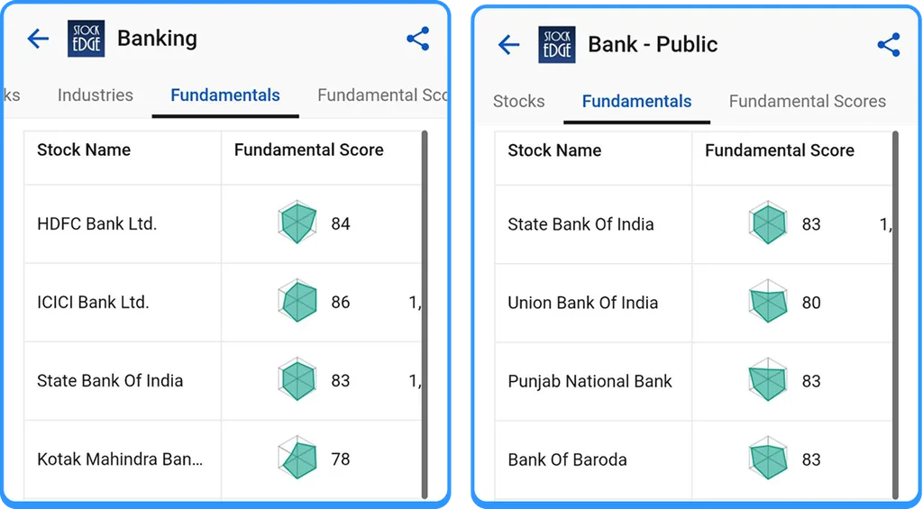 Fundamentals tab showing fundamental scores for banking and for bank - public