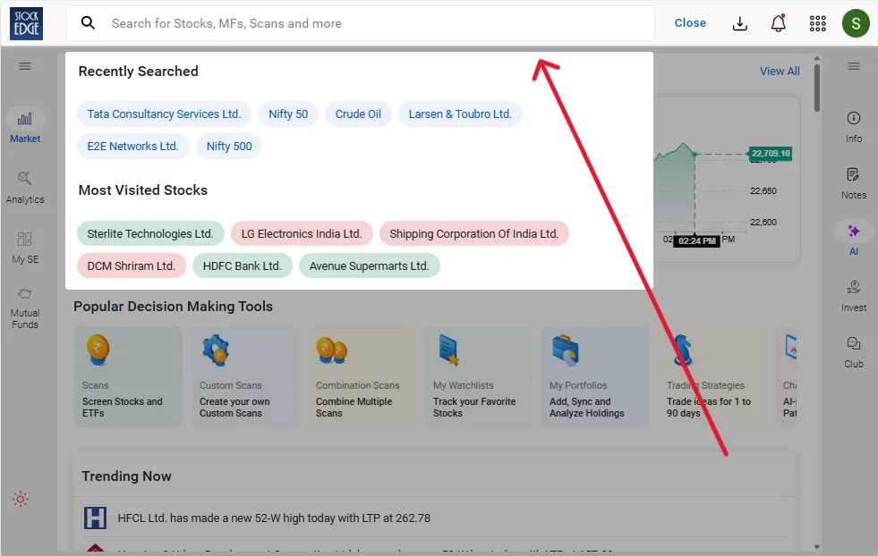 Stockedge web dashboard showing stock search bar and decision making tools.